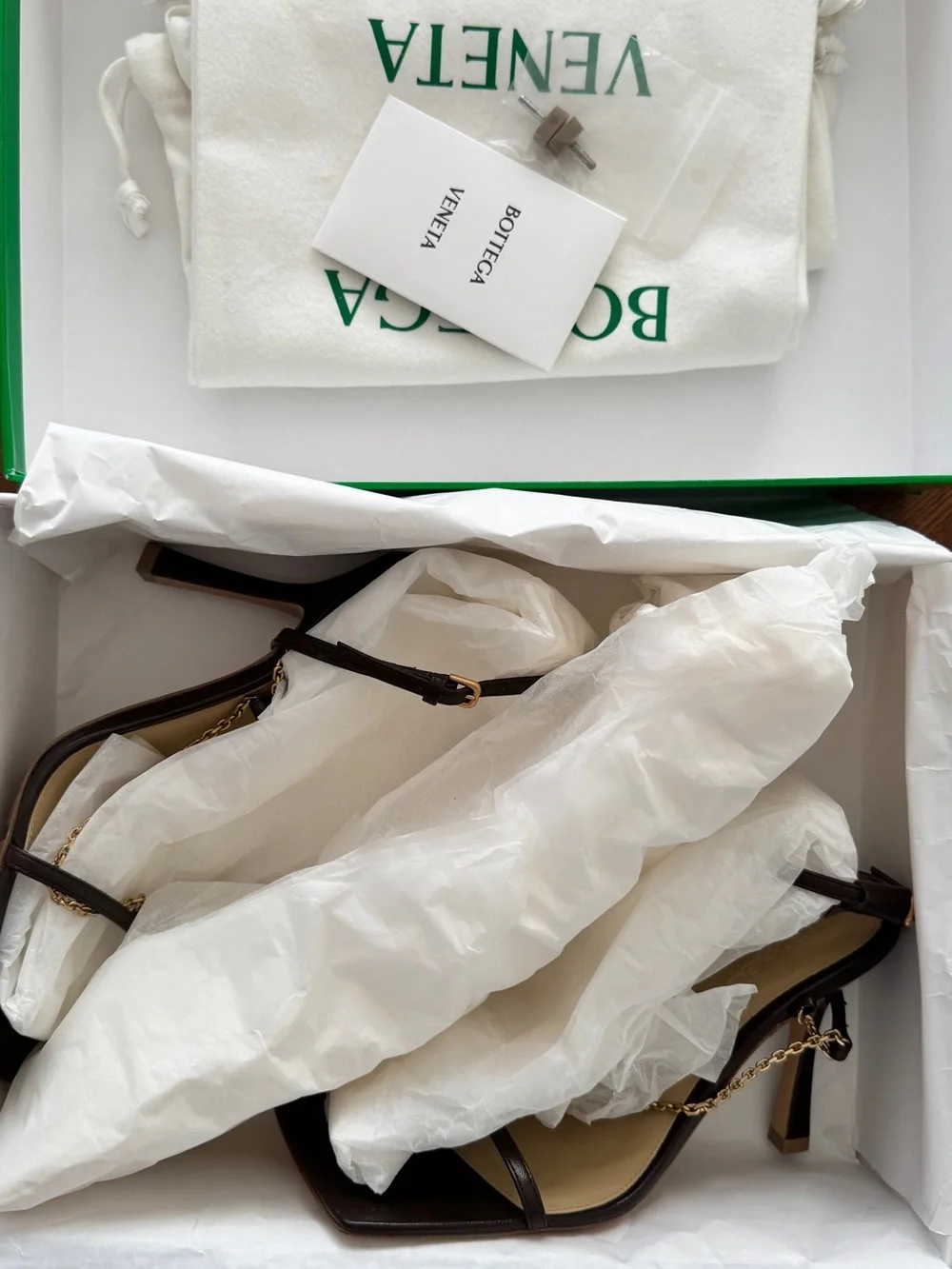 Bottega Veneta Dark Brown Leather Heeled Sandals with Gold Chain